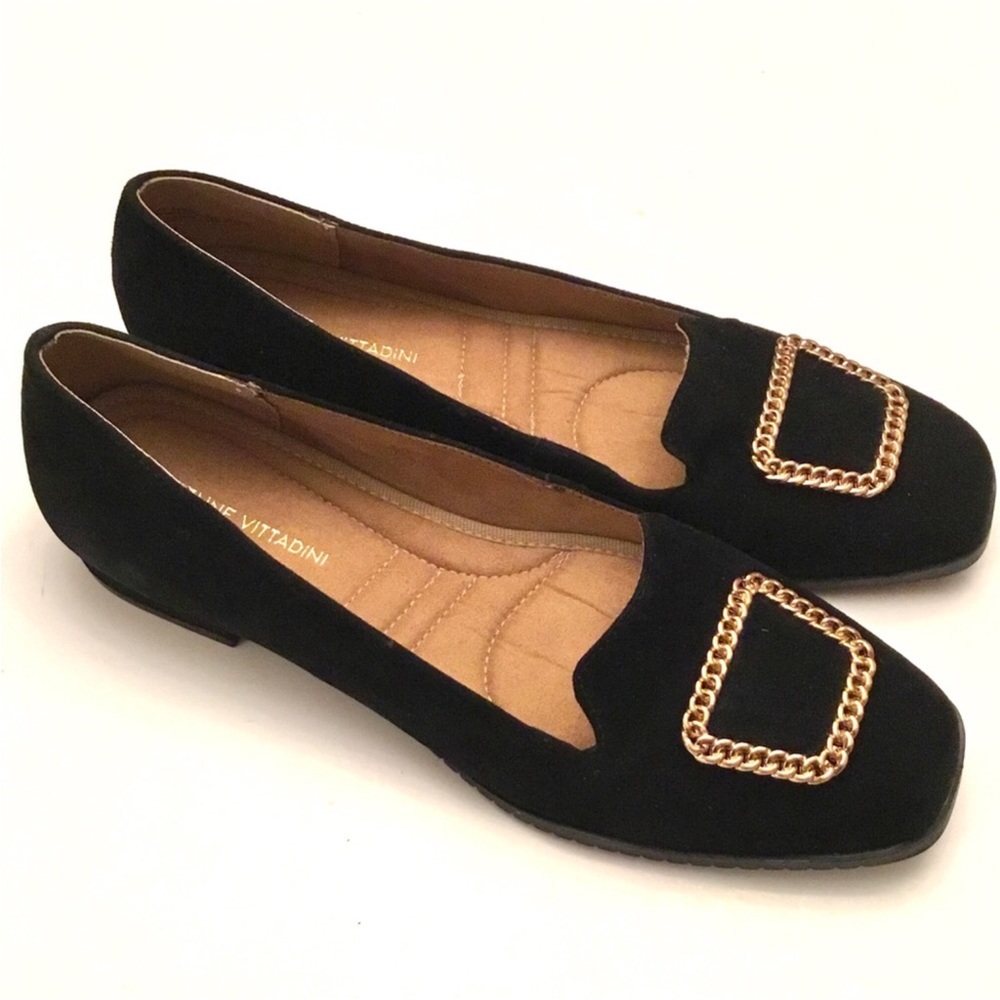 🆕 Adrienne Vittadini Black Flats Size 10 Suede Chain Accent Slip on Shoes NIB - Picture 2 of 16